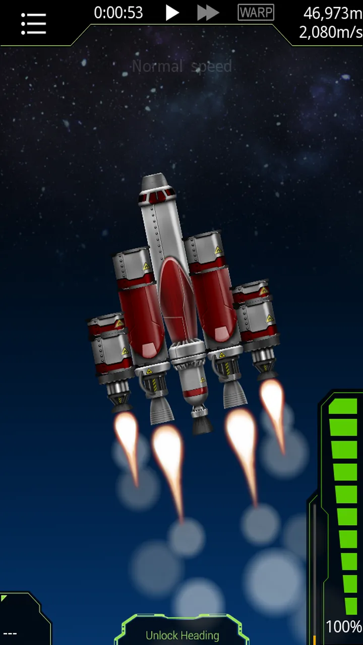 Mehrstufige Rakete im Flug vor einem Sternenhimmel